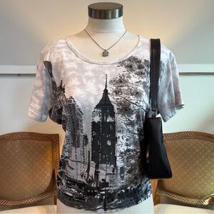 Vintage 90s Y2K Gray Graphic NYC Cityscape Beaded Top, Grunge 00s Core